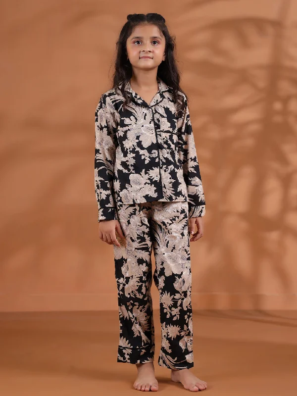 Black Floral Printed Cotton Night Suit for Kids