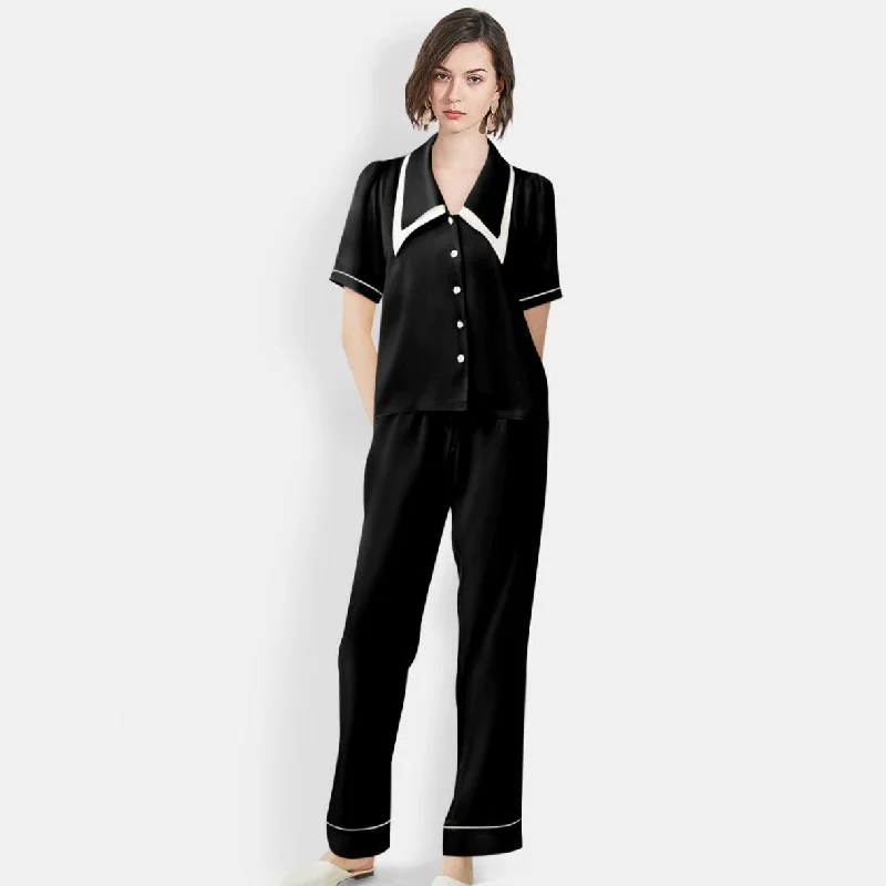 Women's Mulberry Silk Pajama Set Elegant Long Full Length Short Sleeve Silk Sleepwear