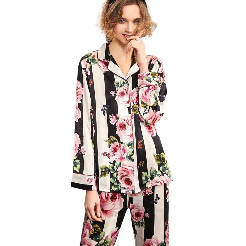 Women's White Silk luxury nightwear Striped Floral Silk Pajama Set