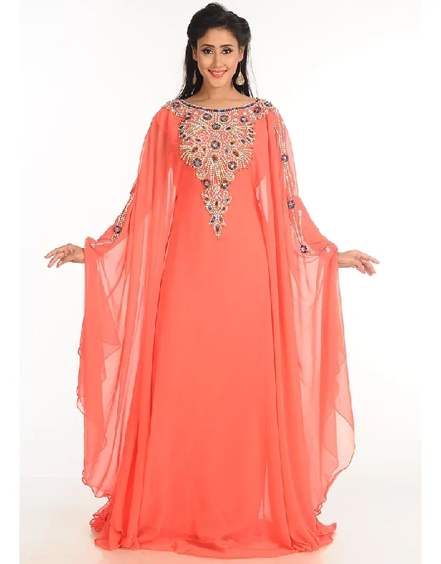 Modern Peach Georgette Hand Zari Embroidery Farasha