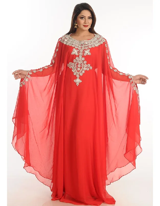 Muslim Red Georgette Hand Zari Embroidery Farasha