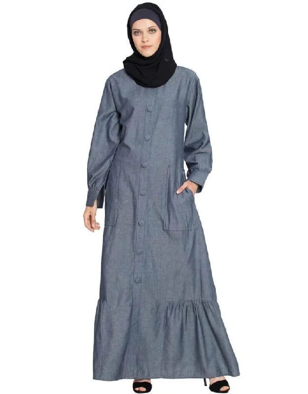 Women Frill at Bottom patch pocket A line Abaya Blue