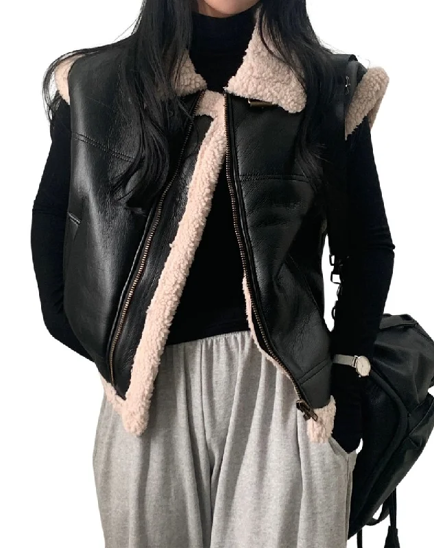 Elegancia Black Leather Vest With Sherpa