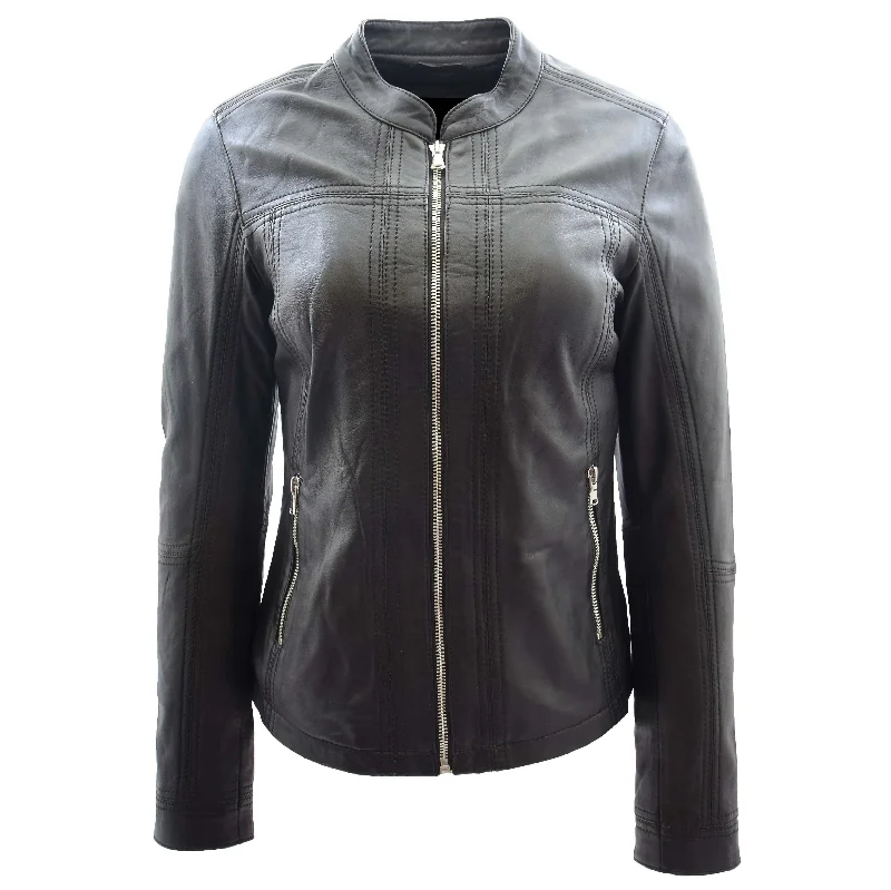 Womens Soft Leather Biker Jacket Fitted Zip Fasten Band Collar Casual Style Mia Black