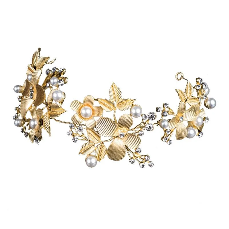 Alloy Gold Plated Diamante Flowers And Leaves Design Bride's Hair Jewelry