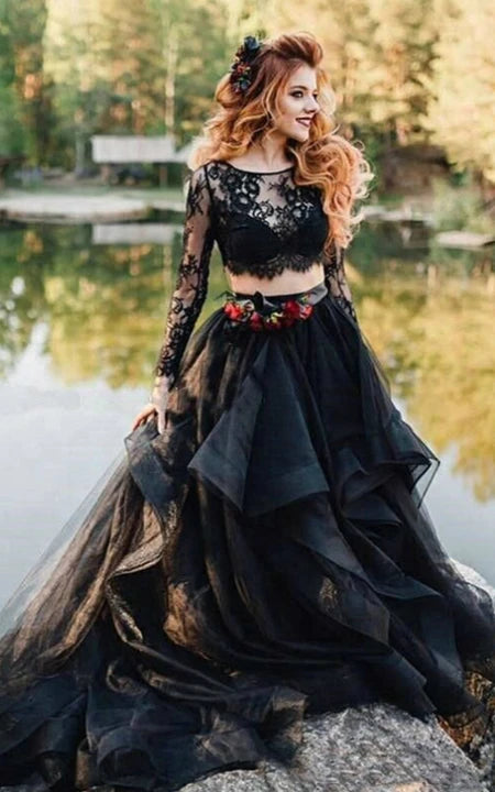 Black | Gothic Two Piece A-line Long Sleeve Prom | Wedding Dress with Drapings and Flowers