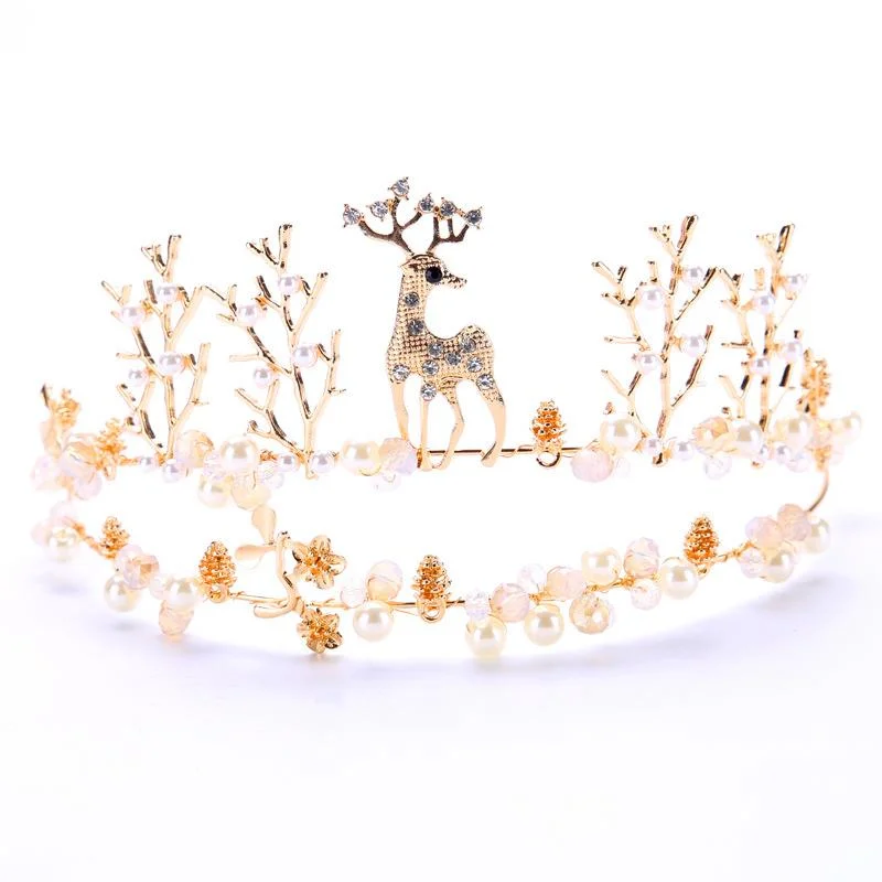 Double Layer Gold Plated Deer And Plant Design Pearl Hair Hoop