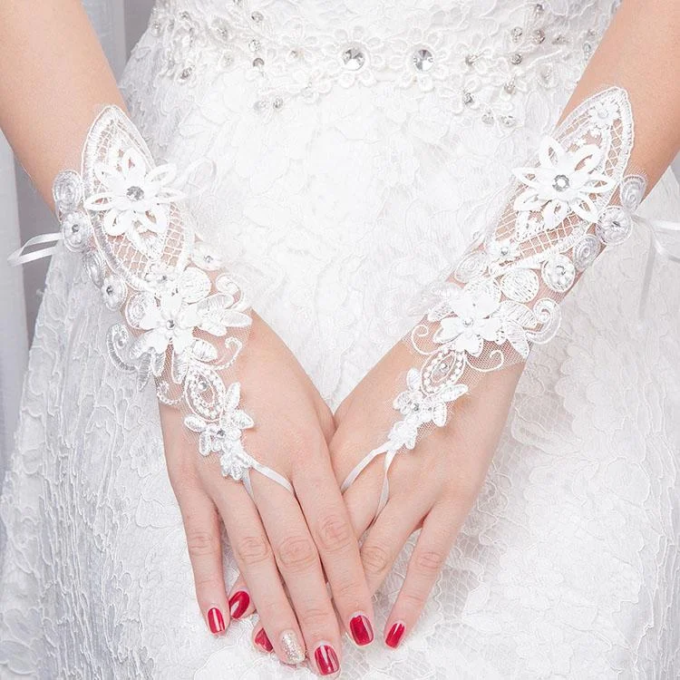 Ivory Fingerless Rhinestone Lace Sequins "A" Short Wedding Gloves