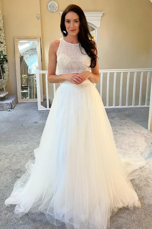 Two-Piece White Beaded A-Line Long Wedding Dress