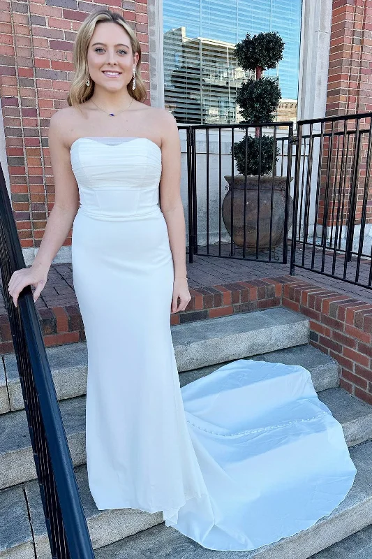 White Strapless Mermaid Long Wedding Dress