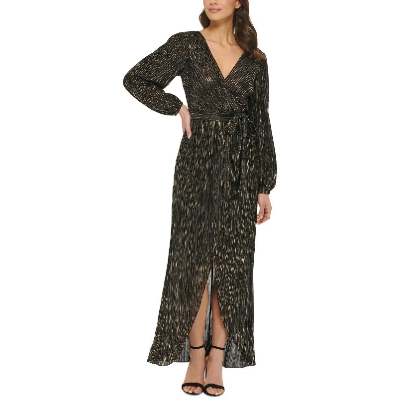 Womens Metallic Faux Wrap Maxi Dress