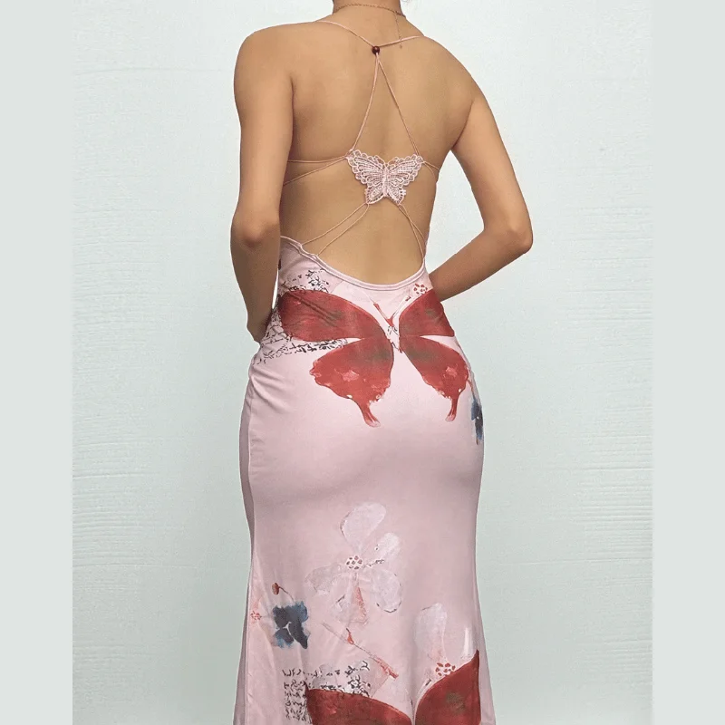 Butterfly embroidery print cami maxi dress