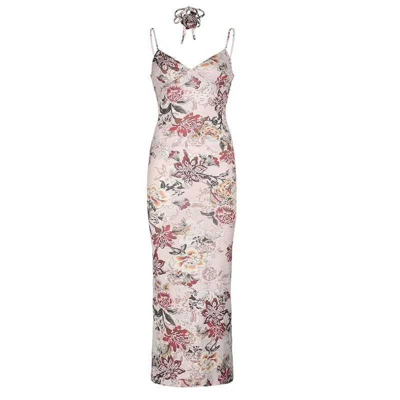 Flower print applique v neck cami maxi dress