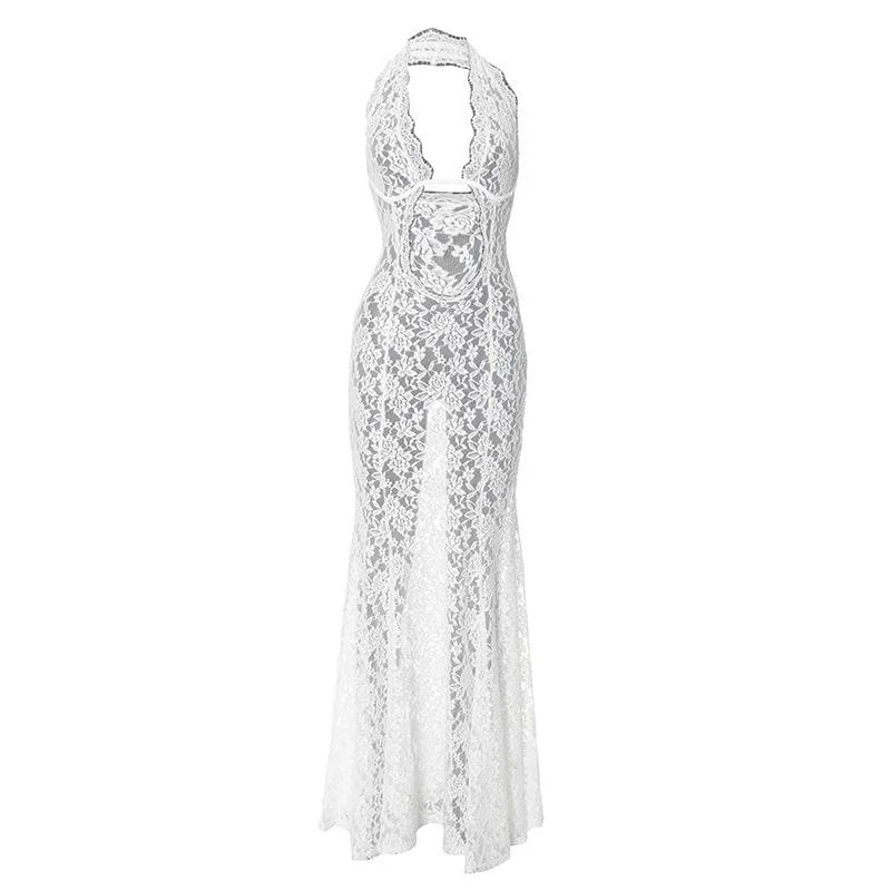 Halter hollow out lace see through cut out maxi dress