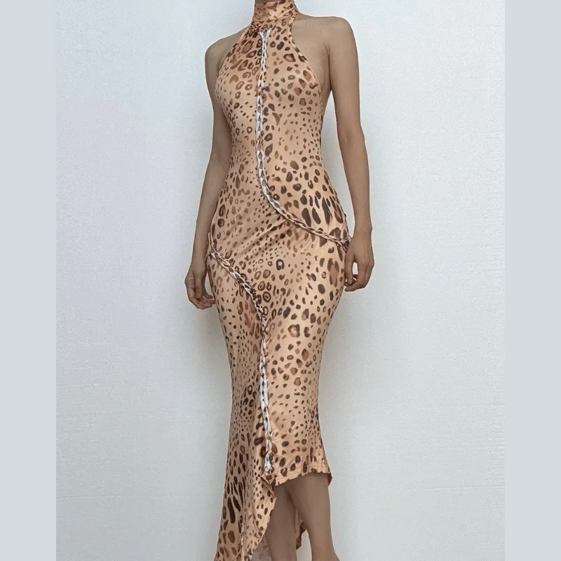 Leopard print halter self tie irregular backless maxi dress