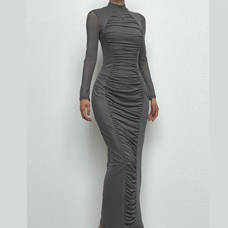 Long sleeve ruched mesh patchwork maxi dress