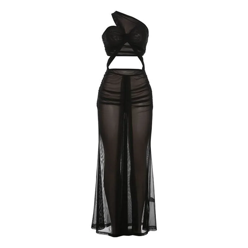 One shoulder mesh hollow out cut out maxi dress