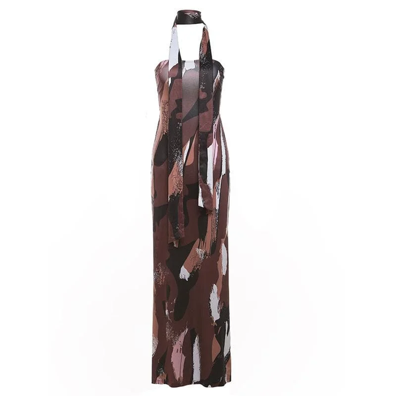 Print ruched backless hollow out tube cut out maxi dress