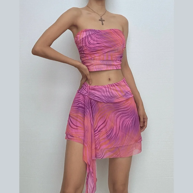 Backless tie dye ruffle tube mini skirt set