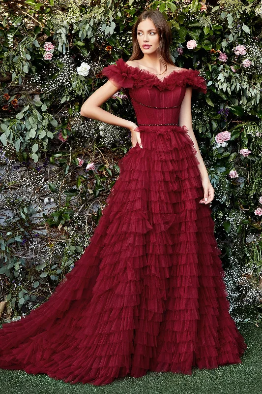 ANDREA & LEO A1032 Ruffle Off Shoulder Tulle Ball Gown Dress