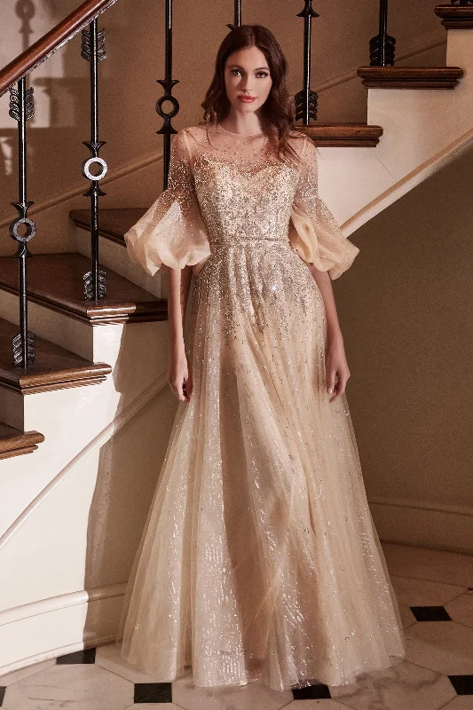 CINDERELLA DIVINE  B703 Embellished Puff Sleeve Tulle Gown