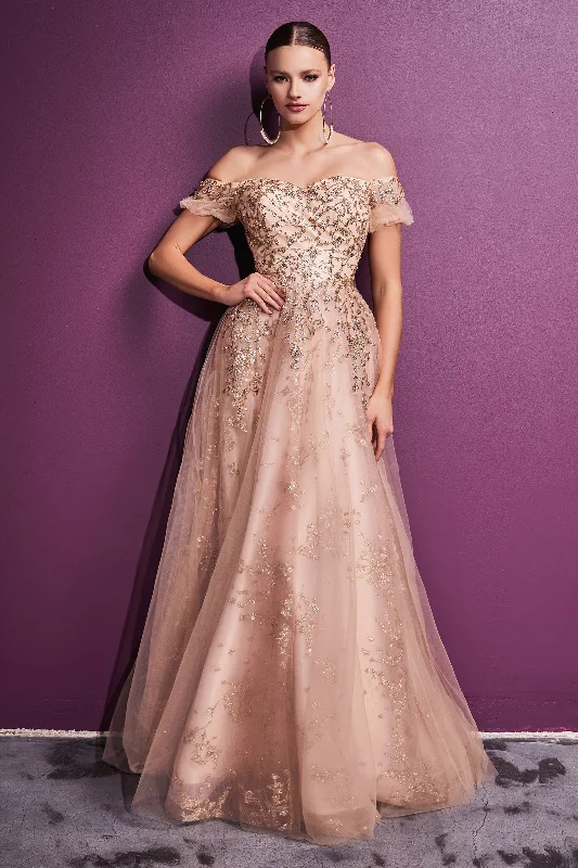 CINDERELLA DIVINE C73 Off-Shoulder Glitter A-Line Ball Gown