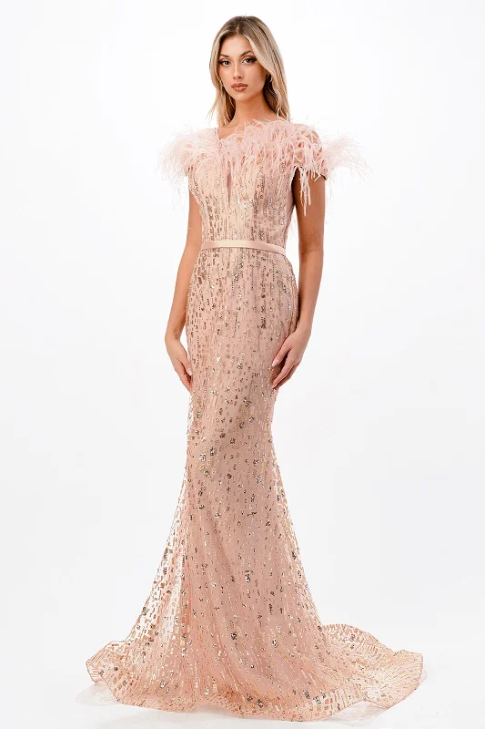 CINDERELLA DIVINE CB082 Off-Shoulder Feather Gown