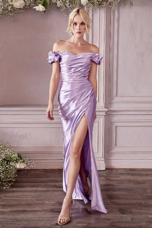 CINDERELLA DIVINE KV1056 Off-Shoulder Satin Gown with Slit