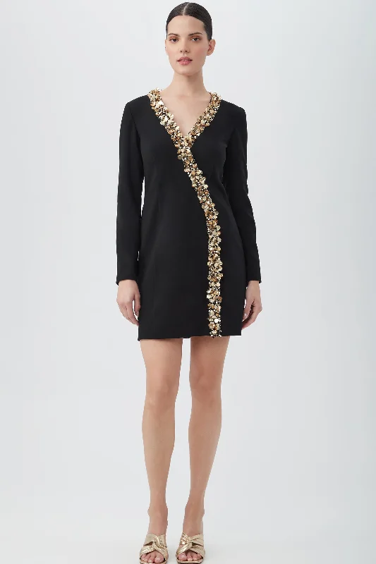 DARLIAH BLACK LONG-SLEEVE COCKTAIL DRESS WITH GOLD TRIM