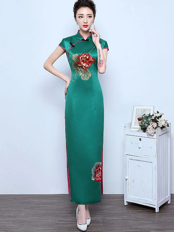 Embroidered Lotus Full-Length Qipao / Cheongsam Evening Dress