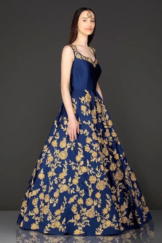 Royal Blue Silk Anarkali /Gown With Net Dupatta