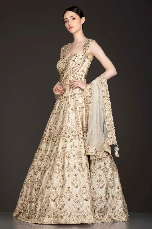 Ivory Gold Colour Silk Anarkali/Gown With Gold Zari And Gota Patti Embriodery