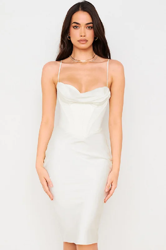 Silky Cowl Neck Corset Satin Midi Cocktail Dress - White