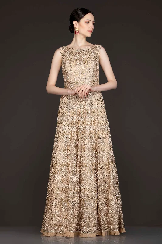 Gold Colour Net Anarkali/Gown With Thread Embroidery