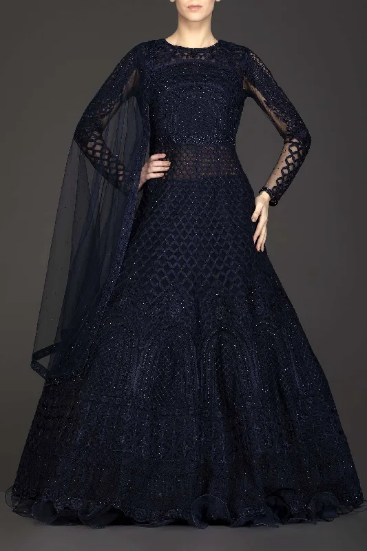 Navy Blue Net Anarkali/Gown With Georgette Skirt And Net Dupatta