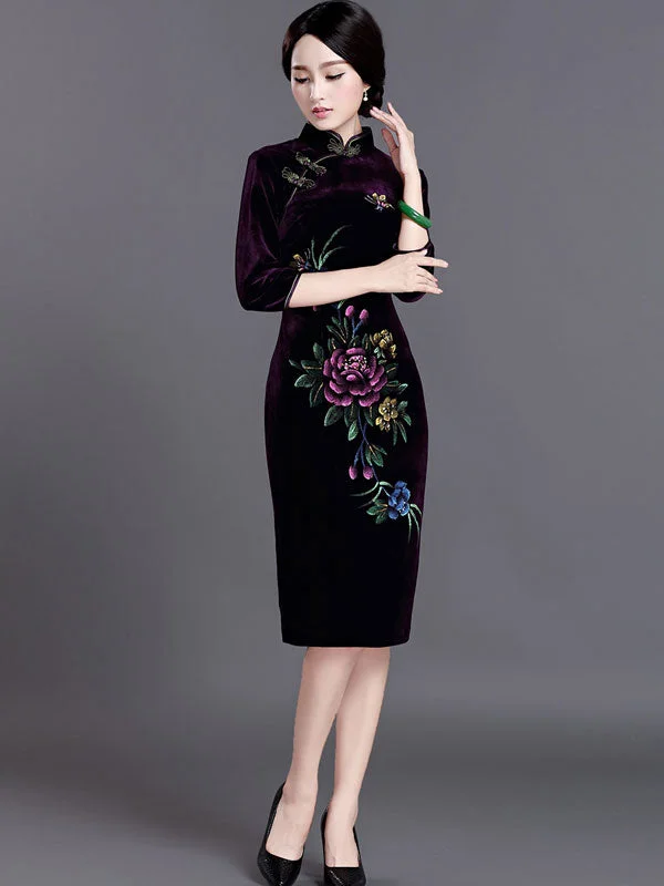 Velvet Midi Qipao / Cheongsam Evening Dress with Half Sleeve