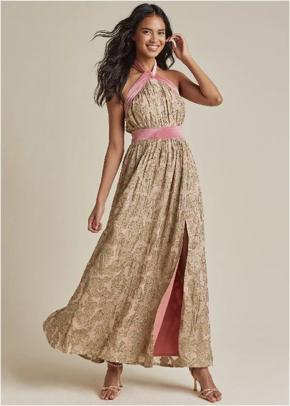 Jacquard Halter Gown - Blush