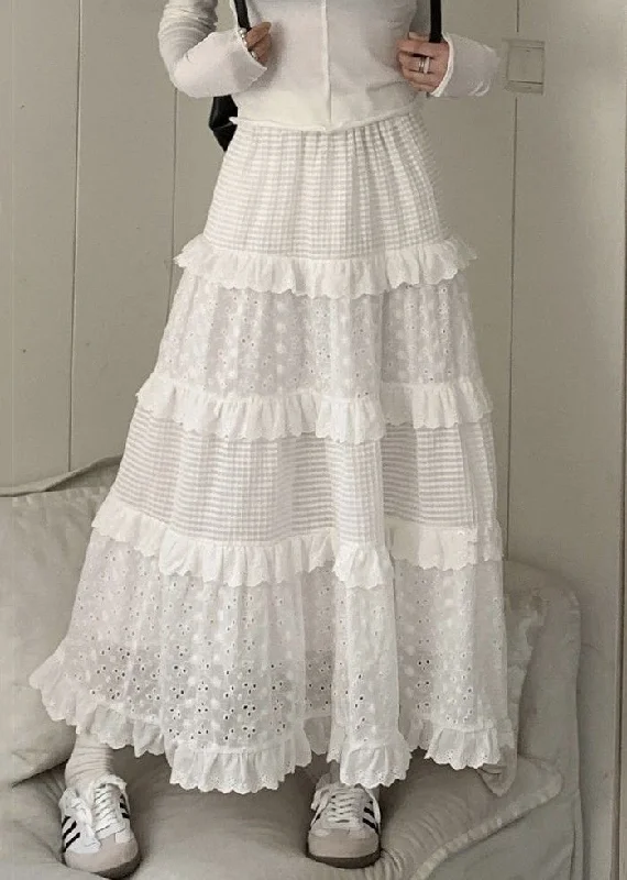 Beautiful White Ruffled Hollow Out Cotton Skirts Summer