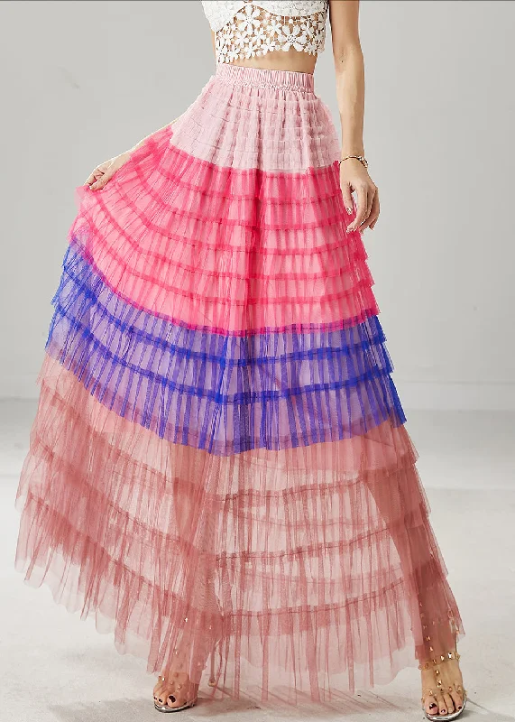 Blue Patchwork Tulle Beach Skirts Layered Ruffled Summer