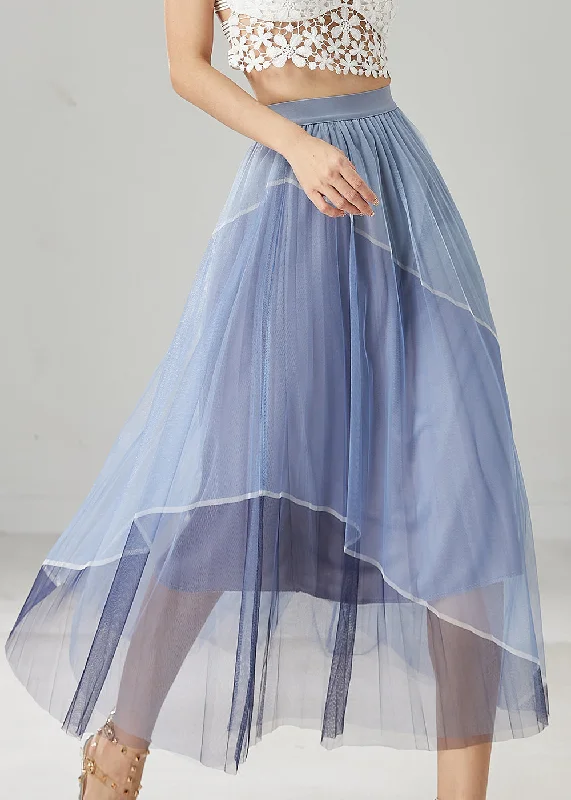 Blue Patchwork Tulle Vacation Skirts Elastic Waist Summer