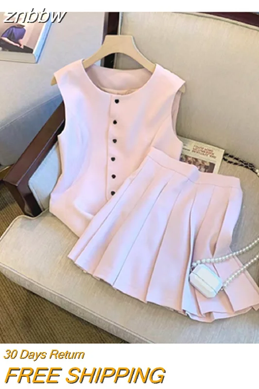 znbbw Summer Casual Preppy Style Pink 2 Piece Set Women's Sleeveless Vest Crop Top + Pleated Skirt Two Piece Skirt Set Outfits