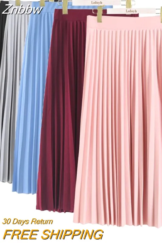 Znbbw Women Fashion High Waist Pleated Solid Color Ankle Length Skirt All-match chiffon Clothing Lady Casual Stretchy Thicken Skirts