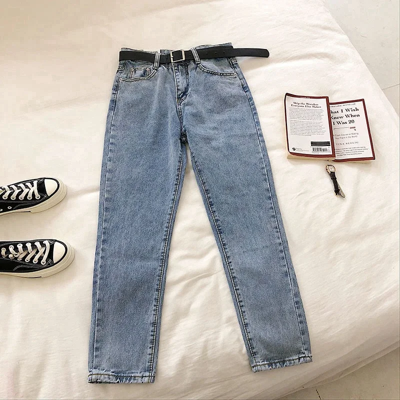 NiDELL Korean Style Women's . Jeans Female Summer New Slimming Large Size Daddy Pants High Waist Loose Ankle-Tied Harem Pants Fashion