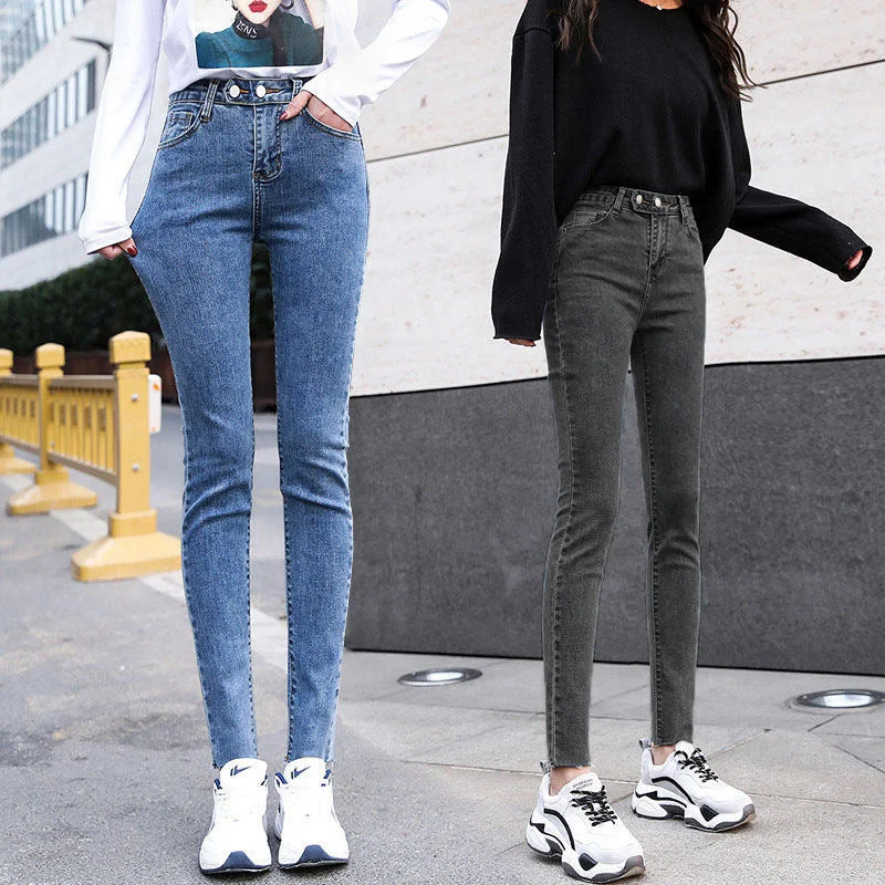 NiDELL Retro Double Button Jeans Female Summer New Korean Style High Waist Tight Stretch All-Matching Slim Fit Skinny Pants