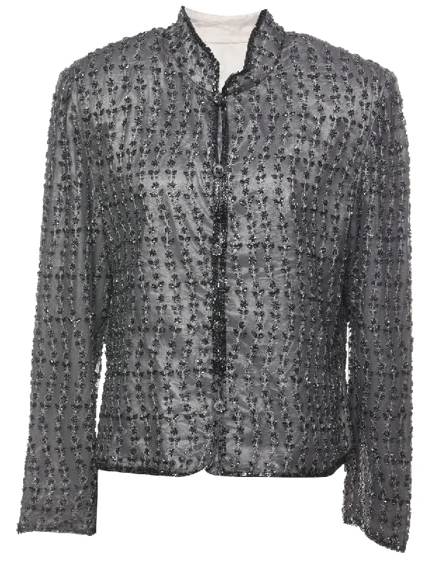 Beaded Grey Floral Evening Jacket - L