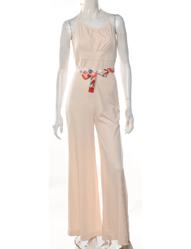 Beige & Multi-Colour Floral Patterned Halterneck Jumpsuit - S