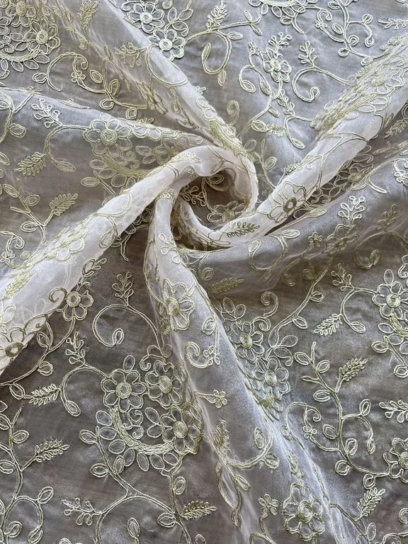 Golden Floral Pitta Embroidered Organza Fabric