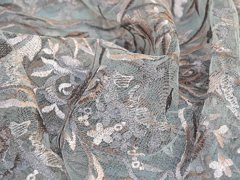 Peach & Bronze Floral Thread Embroidered Glitter Net Fabric