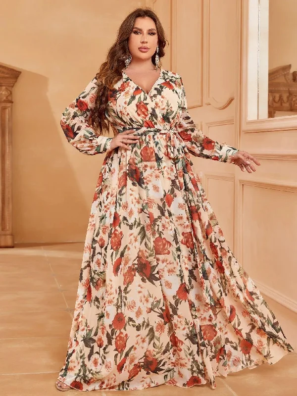 Plus V Neck Long Sleeve Floral Chiffon Belted Dress