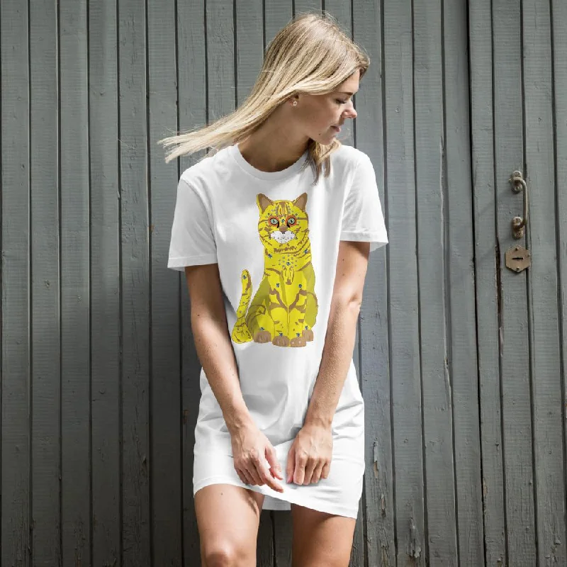 65 MCMLXV Women's Bejeweled Yellow 70s Disco Cat Organic Cotton T-Shirt Dress